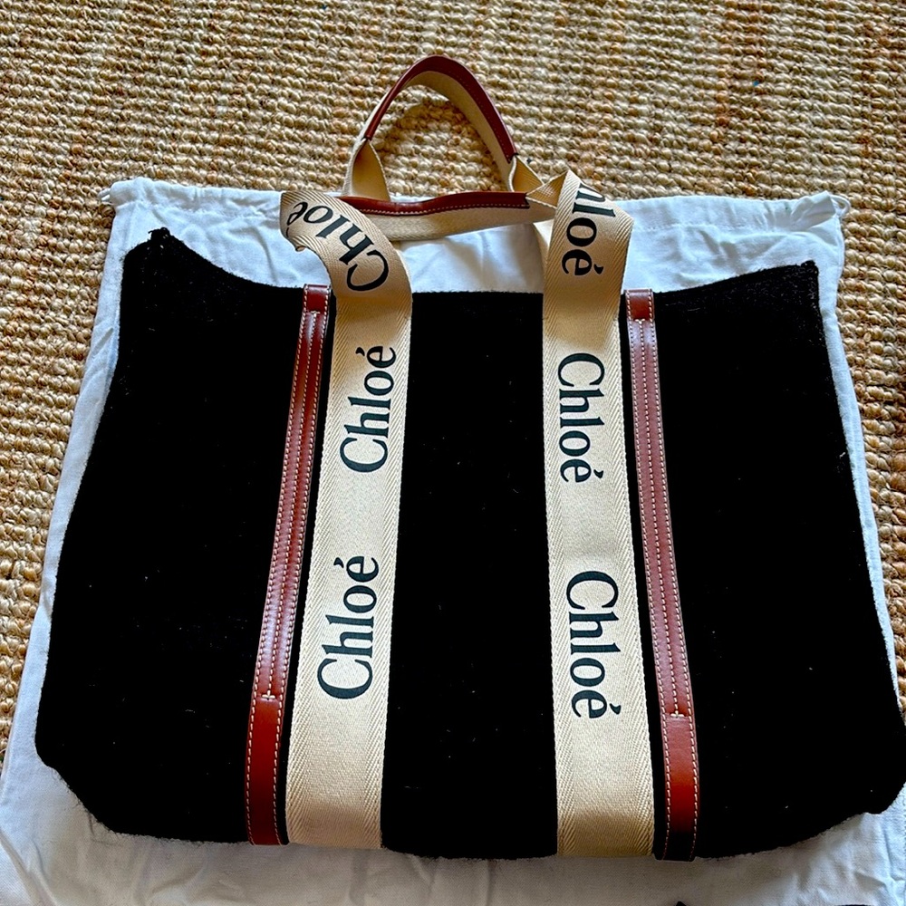 Chloe woody large black recycled wool with leather trim tote
